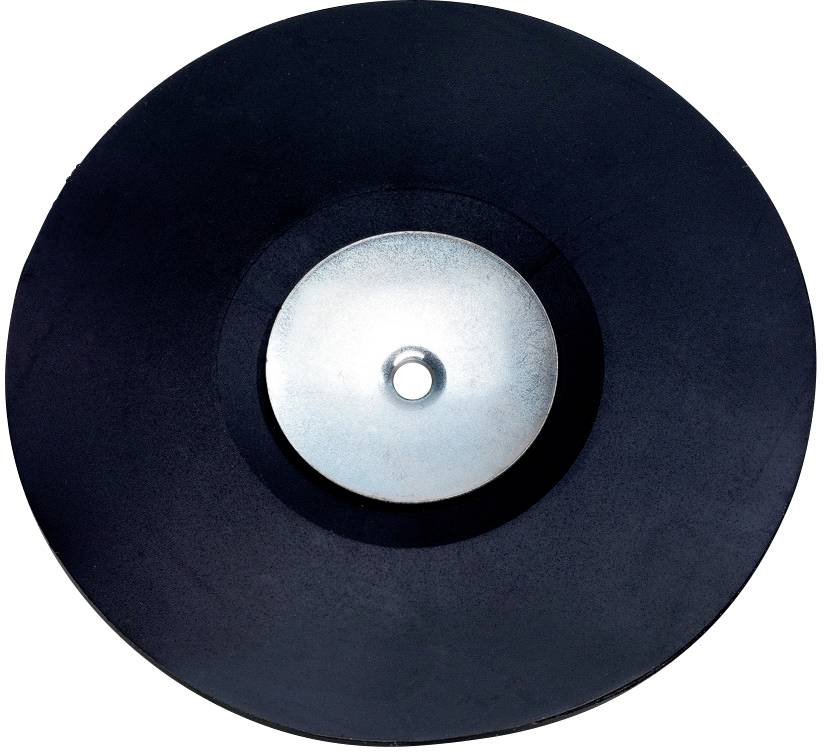 Eine schwarze Schallplatte mit einem silbernen Mittelloch, von oben betrachtet.