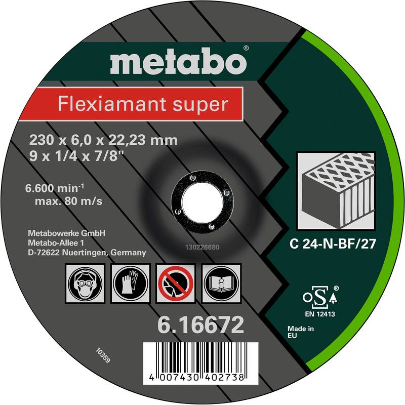 'Metabo' Schleifscheibe mit Spezifikationen: 230 x 6,0 x 22,23 mm. Flexiamant super, max. 80 m/s, Made in EU.