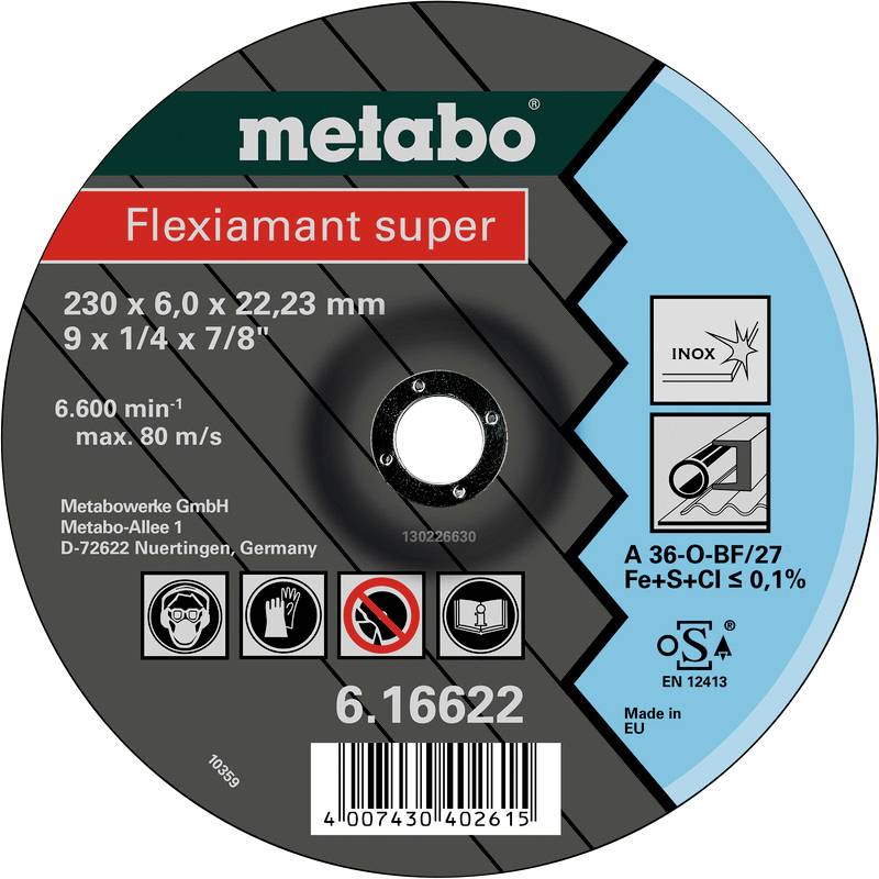 Metallschleifscheibe von Metabo, 230 x 6,0 x 22,23 mm, geeignet für Inox. Max. 6.600 U/min, hergestellt in der EU.