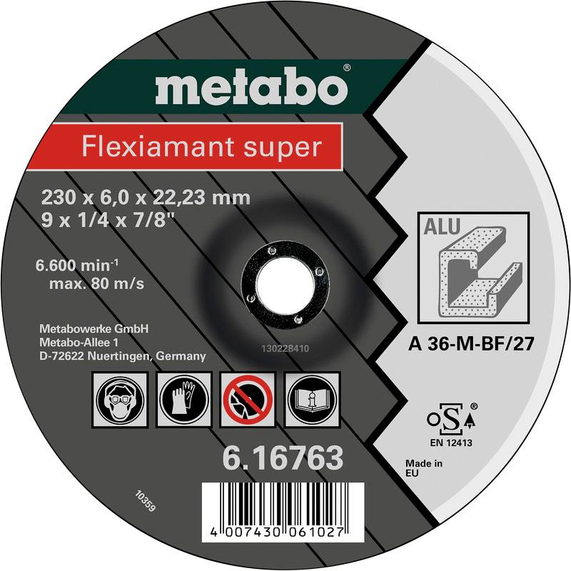 Runde Schleifscheibe von Metabo; Modell 'Flexiamant super' für Aluminium. Maße: 230 x 6,0 x 22,23 mm. Geschwindigkeit: max. 80 m/s. Made in EU.