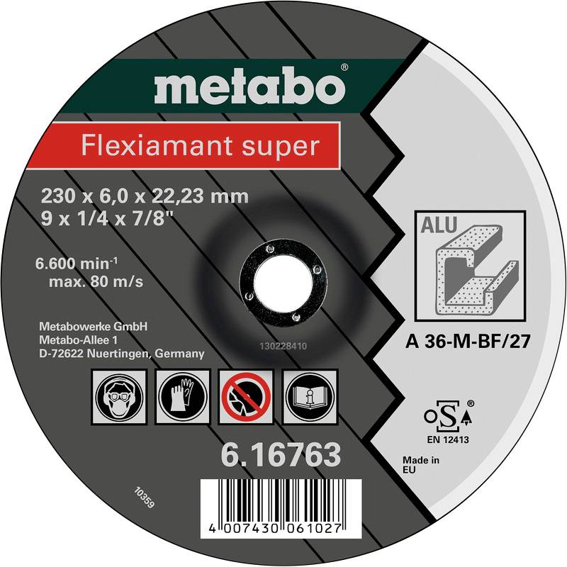 Runde Metabo-Flexiamant-Scheibe, 230x6x22,23 mm, max. 6600 U/min, für Aluminium geeignet. Enthält Sicherheits- und Herstellerinfos.