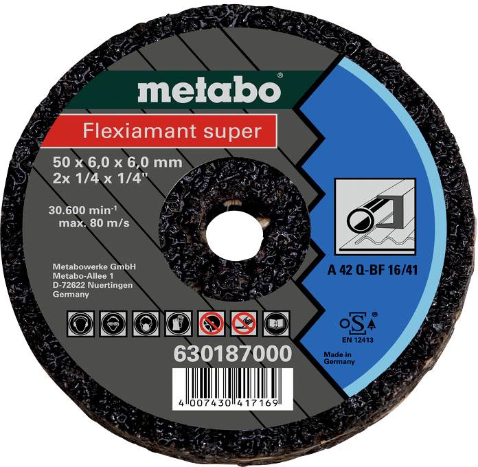 Metalltrennscheibe von Metabo, Modell Flexiamant Super. Durchmesser 50x6,0 mm. Höchstdrehzahl 30.600 min⁻¹, max. 80 m/s.