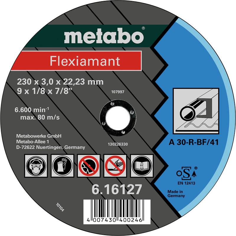 Runde Schleifscheibe von Metabo, Modell 'Flexiamant', Durchmesser 230 mm, Dicke 3 mm. Max. Drehzahl 6600 min⁻¹, Made in Germany.