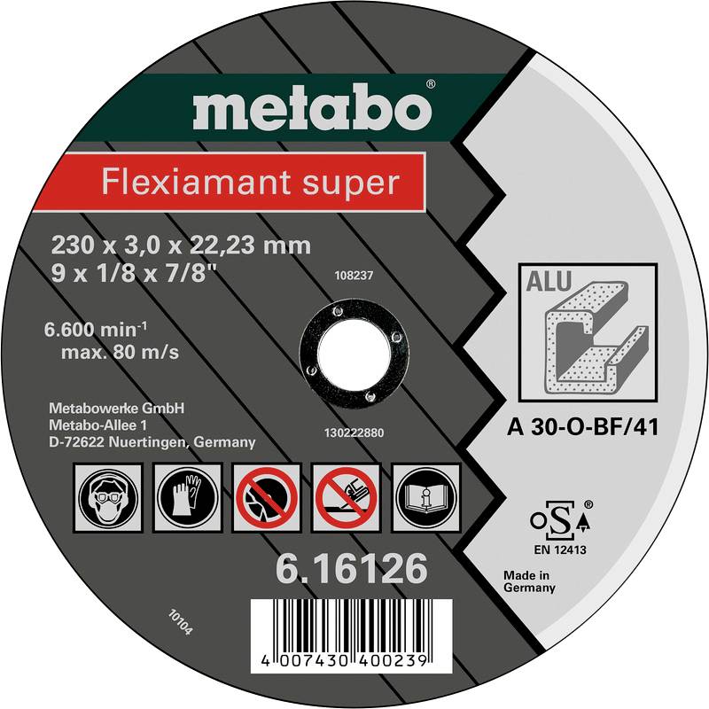 Runde Trennscheibe mit Aufschrift 'metabo Flexiamant super'. Maße: 230 x 3,0 x 22,23 mm. Geschwindigkeitslimit: 80 m/s. Geeignet für Aluminium.