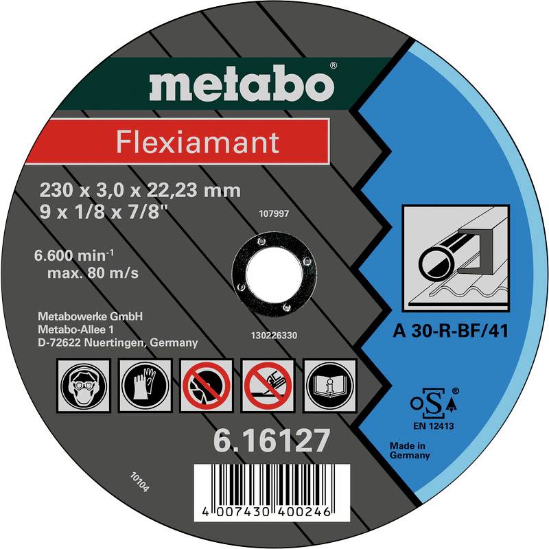 Eine Metabo Flexiamant-Schleifscheibe, 230 mm Durchmesser, 3 mm Dicke, max. 80 m/s, geeignet für Metallbearbeitung.