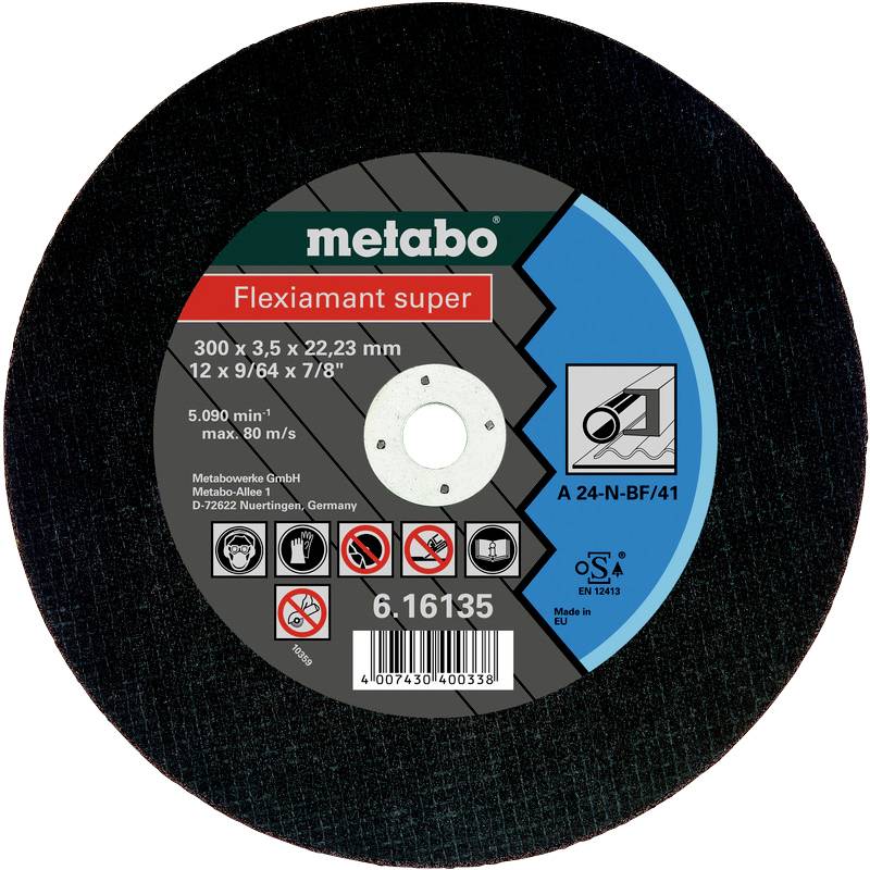 Schleifscheibe mit Aufdruck 'Flexiamant super'. Durchmesser: 300 mm. Hersteller: Metabo GmbH, Nürtingen, Deutschland.