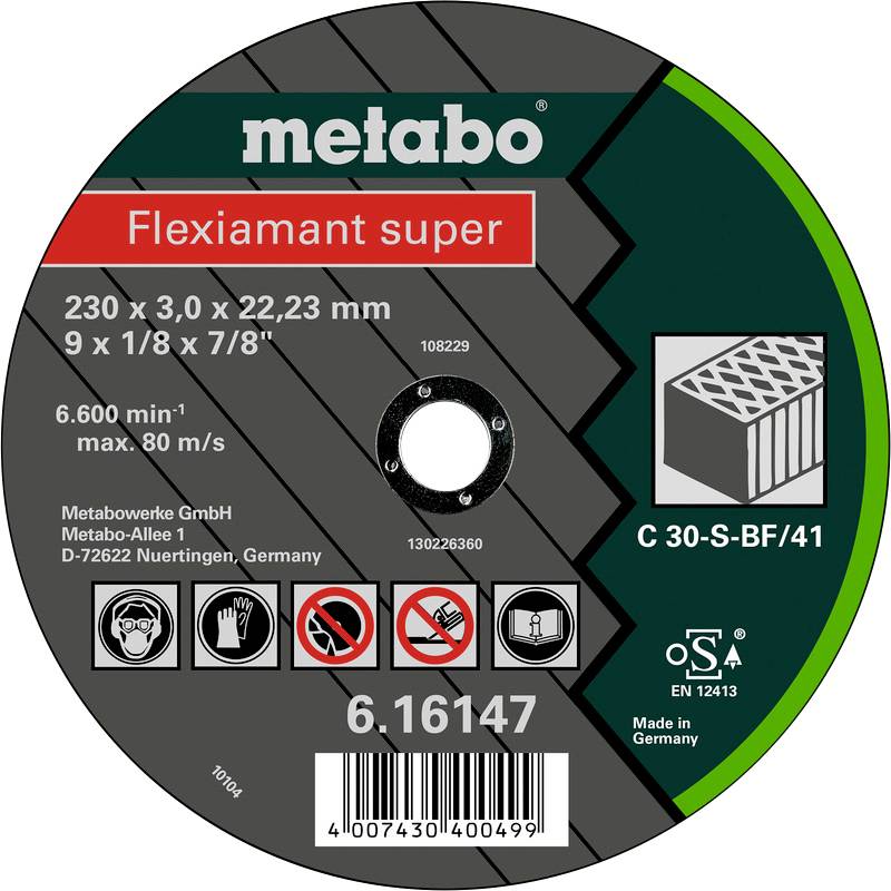 Trennscheibe von Metabo mit Aufschrift 'Flexiamant super', geeignet für 230 mm, 6.600 min⁻¹ Geschwindigkeit, Made in Germany.