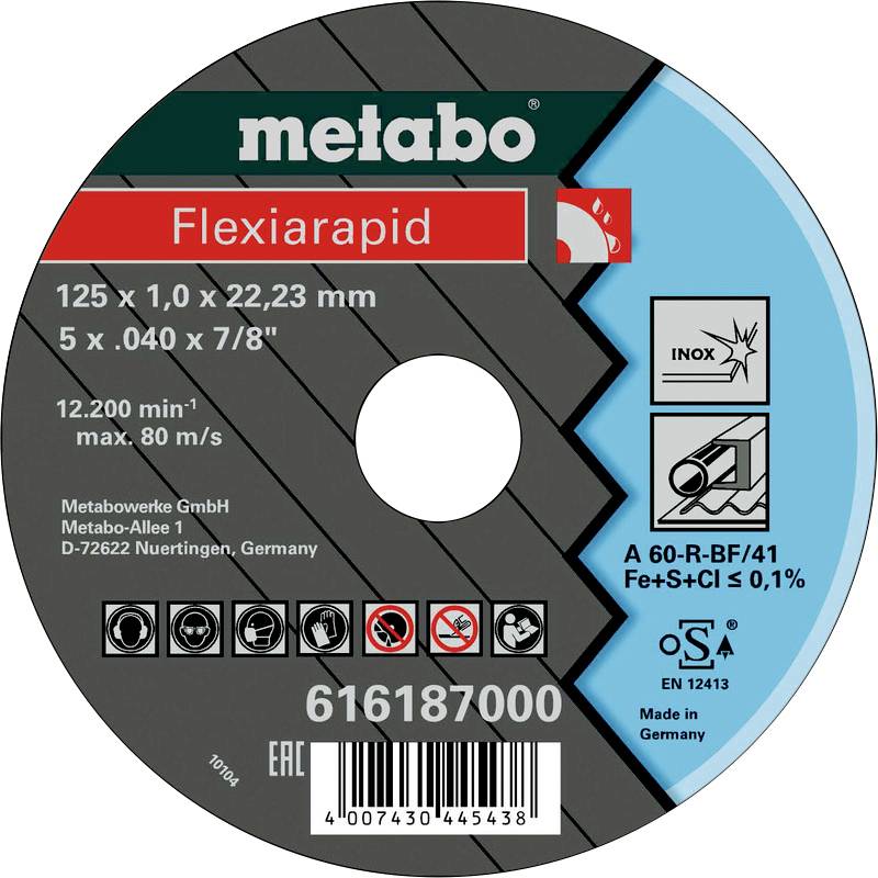 Ein Metabo Trennscheibe mit Bezeichnung 'Flexiarapid'. Durchmesser: 125 mm, Dicke: 1,0 mm. Geschwindigkeit: max. 80 m/s.