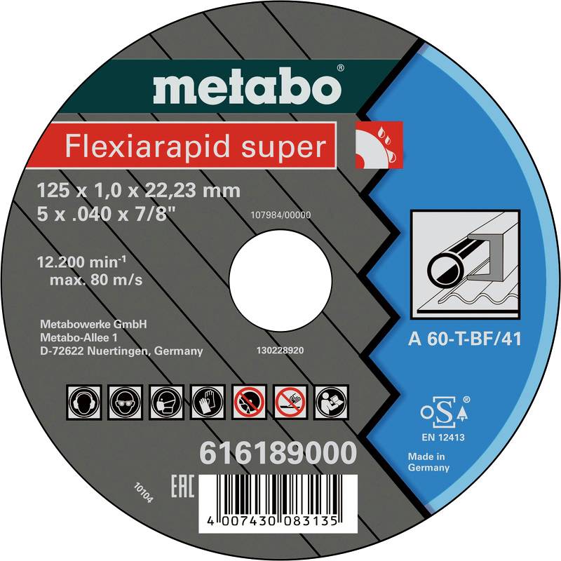 Schleifscheibe von Metabo, Modell 'Flexiarapid super', Maße: 125 x 1,0 x 22,23 mm, maximale Drehzahl: 12.200 min⁻¹, gemacht in Deutschland.