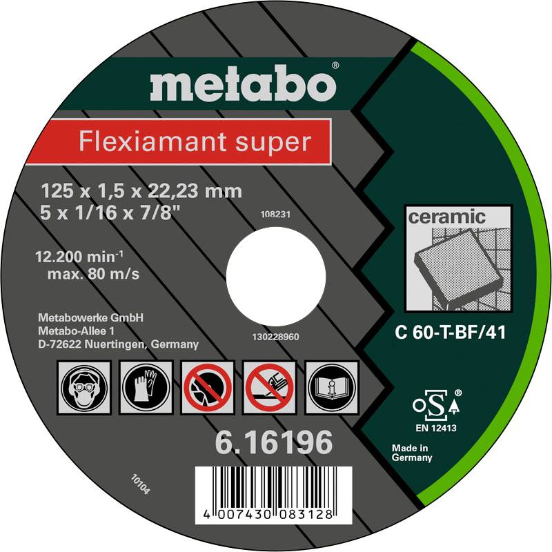 Kreissägeblatt von Metabo 'Flexiamant super' für Keramik, 125 mm Durchmesser, max. 12.200 min⁻¹. Made in Germany.