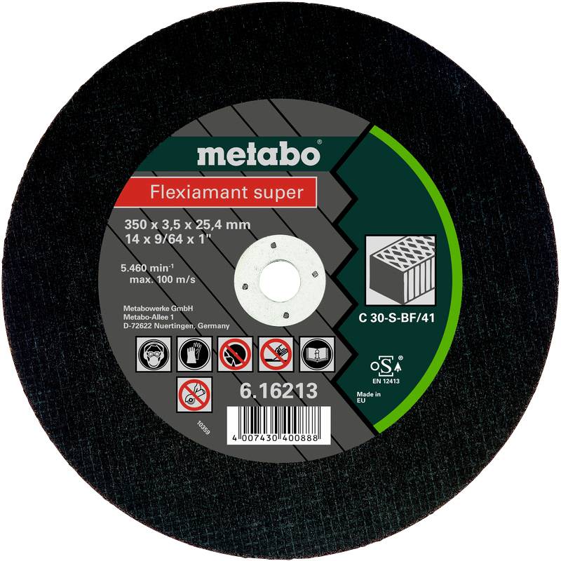 Schleifscheibe 'Flexiamant super' von Metabo, Durchmesser 350 mm, Dicke 3,5 mm, für Metalle, max. 5.460 U/min, mit Sicherheits-Zertifizierung.