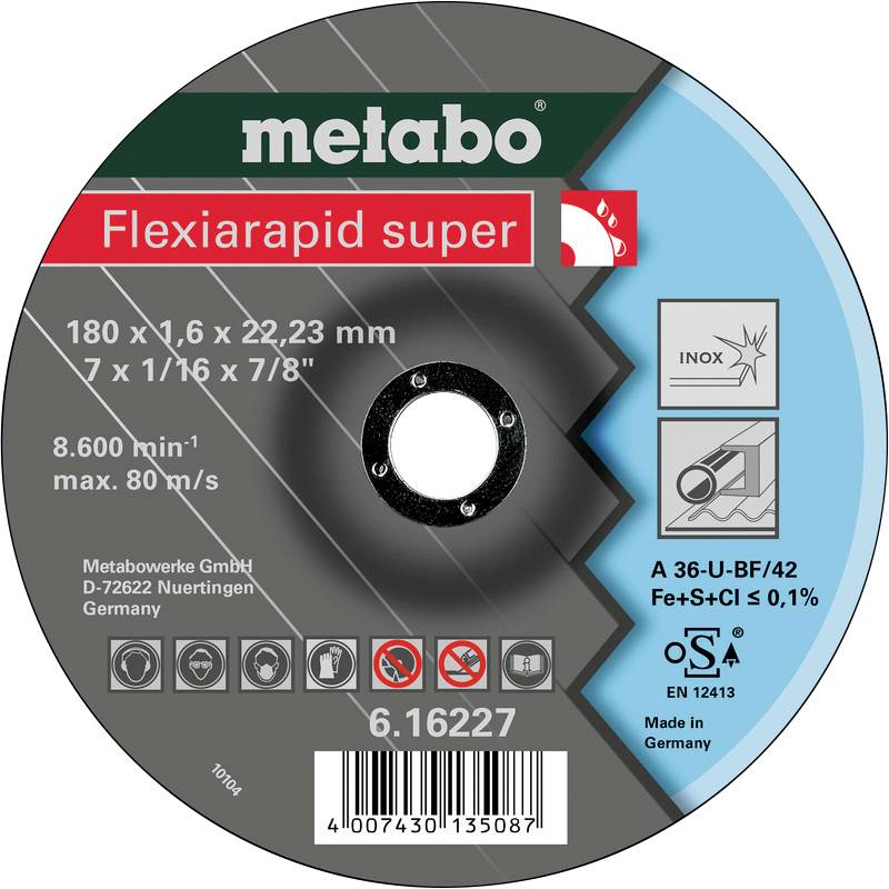 Metalltrennscheibe 'Metabo Flexiarapid super' für Edelstahl, Größe 180 x 1,6 mm, max. 80 m/s. Hergestellt in Deutschland.