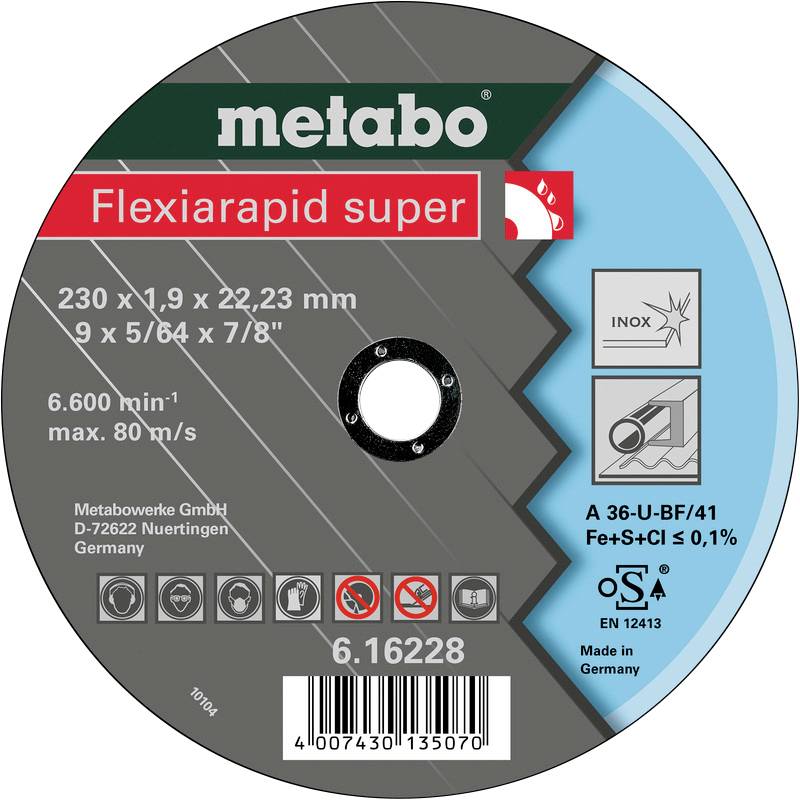 Metabo Trennscheibe, 'Flexiarapid super', Durchmesser 230 mm, Dicke 1,9 mm, Bohrung 22,23 mm. Geeignet für Metall bis 80 m/s.