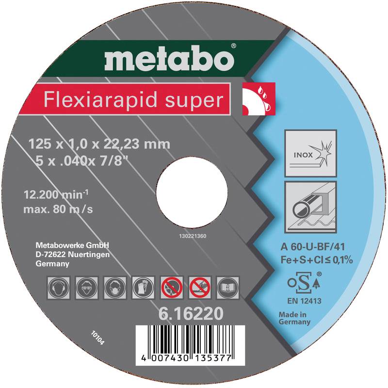 'Metabo Flexiarapid Super' Trennscheibe für Metall, Durchmesser 125 mm, Dicke 1,0 mm, max. Drehzahl 12.200/min, Geschwindigkeit 80 m/s.