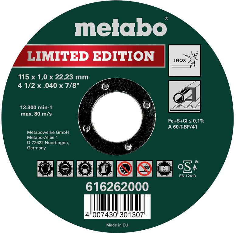 Schleifscheibe 'Metabo Limited Edition', 115 x 1,0 mm, max. 13.300 min⁻¹, geeignet für Edelstahl.
