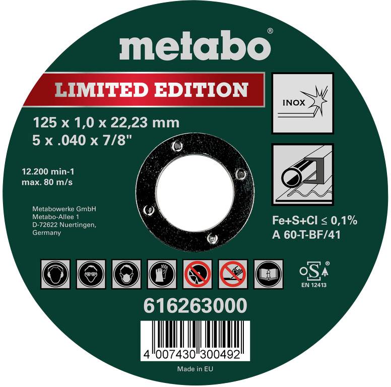 Limited Edition Metallschneidscheibe von Metabo, 125 x 1,0 x 22,23 mm, 'INOX', 12.200 min⁻¹, mit Sicherheitshinweisen und Herstellerangaben.