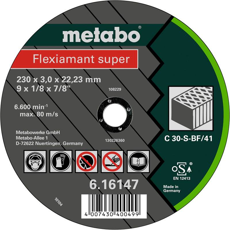 Etikett einer Metallschleifscheibe: 'metabo', 'Flexiamant super', Größe 230 x 3,0 x 22,23 mm, maximale Geschwindigkeit 80 m/s.