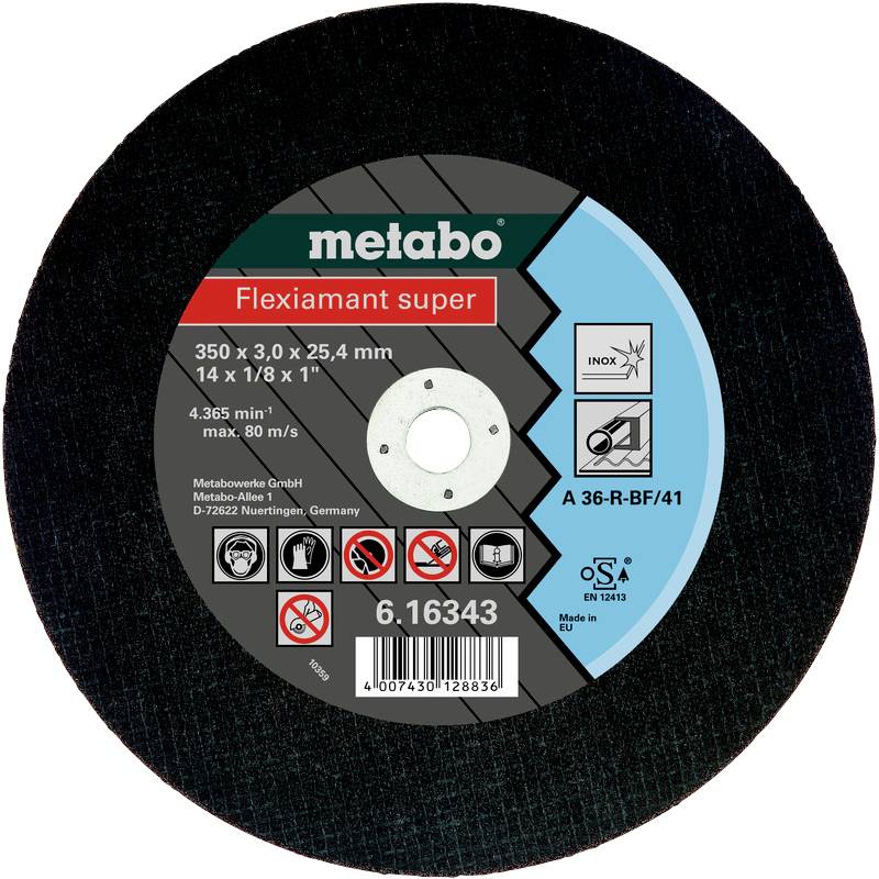 Schleifscheibe 'Flexiamant super' von Metabo, 350mm Durchmesser, 3mm Dicke, für Metallbearbeitung, max. 4.365 U/min.