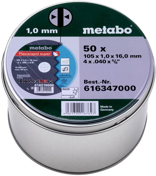 Blechdose mit Metabo-Trennscheiben mit Beschriftung „50 x 105 x 1,0 x 16,0 mm