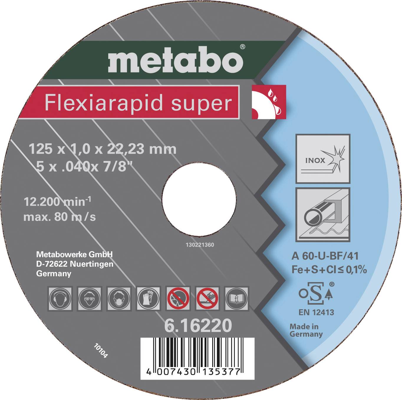 Schleifscheibe von Metabo mit der Bezeichnung 'Flexiarapid super' für Edelstahl, Maße: 125 x 1,0 x 22,23 mm, max. 80 m/s. Made in Germany.