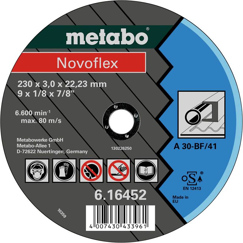 Schleifscheibe 'metabo Novoflex' für Metallbearbeitung, 230 x 3,0 x 22,23 mm, Betriebsdrehzahl 6.600 min⁻¹, max. 80 m/s.