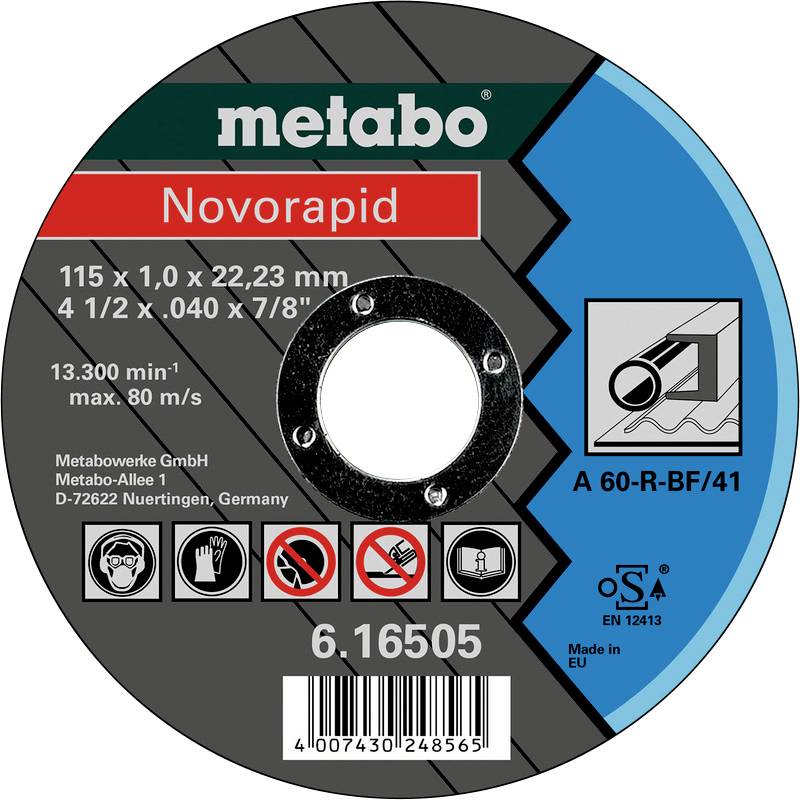 Schleifscheibe von Metabo mit den Maßen 115 x 1,0 x 22,23 mm. Marke: Novorapid. Maximale Drehzahl: 13.300 min⁻¹. Made in EU.