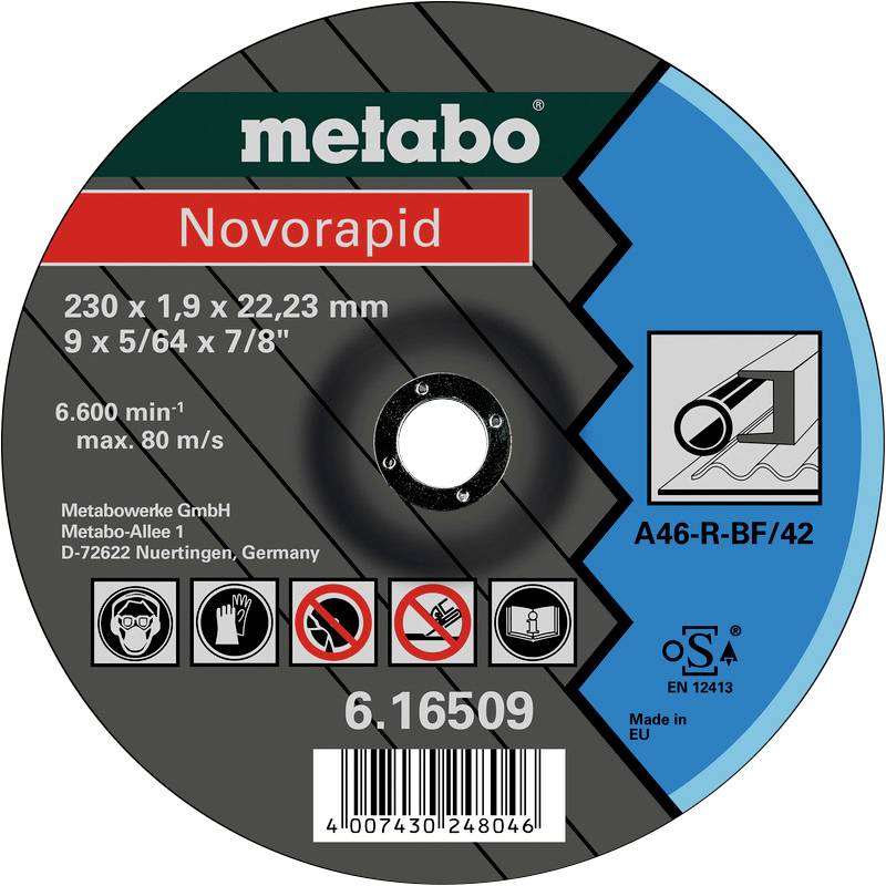 Trennscheibe von Metabo, Modell 'Novorapid', Maße 230 x 1,9 x 22,23 mm, maximale Drehzahl 6.600 U/min, hergestellt in Deutschland.