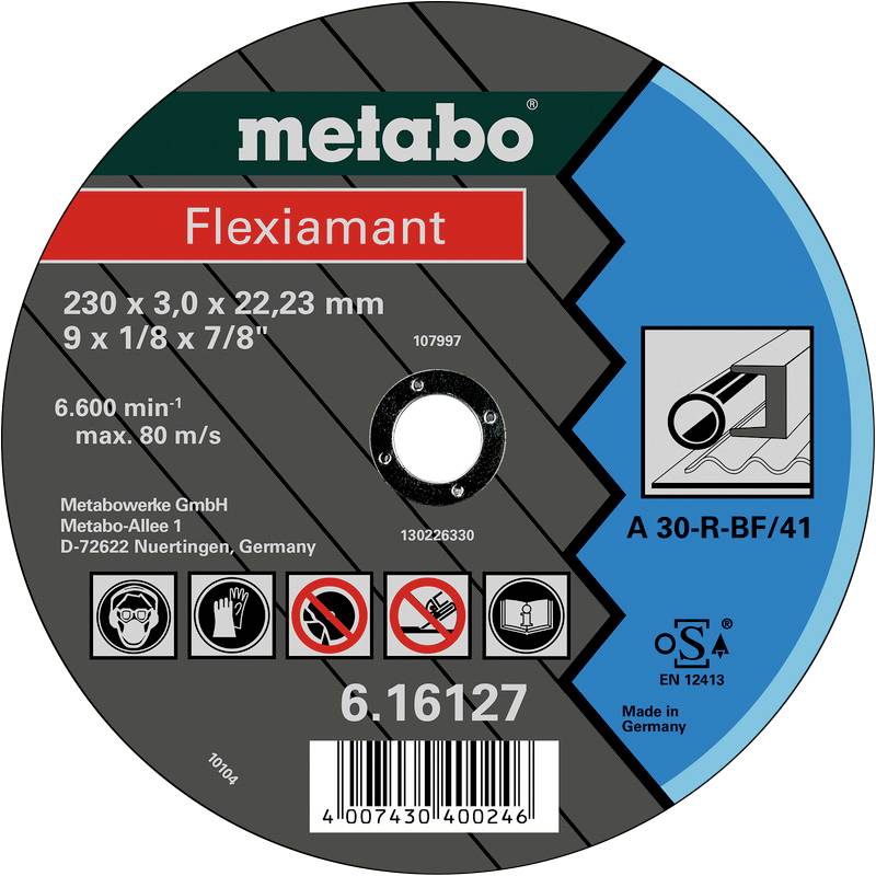 Metallscheibe mit der Aufschrift 'Metabo Flexiamant', Größe: 230 x 3,0 x 22,3 mm, max. 80 m/s. Hersteller: Metabowerke GmbH, Deutschland.