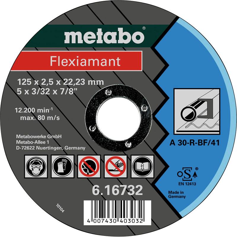 Beschriftung einer Metallschleifscheibe: 'metabo Flexiamant', Größe 125 x 2,5 x 22,23 mm, geeignet für Metallbearbeitung.