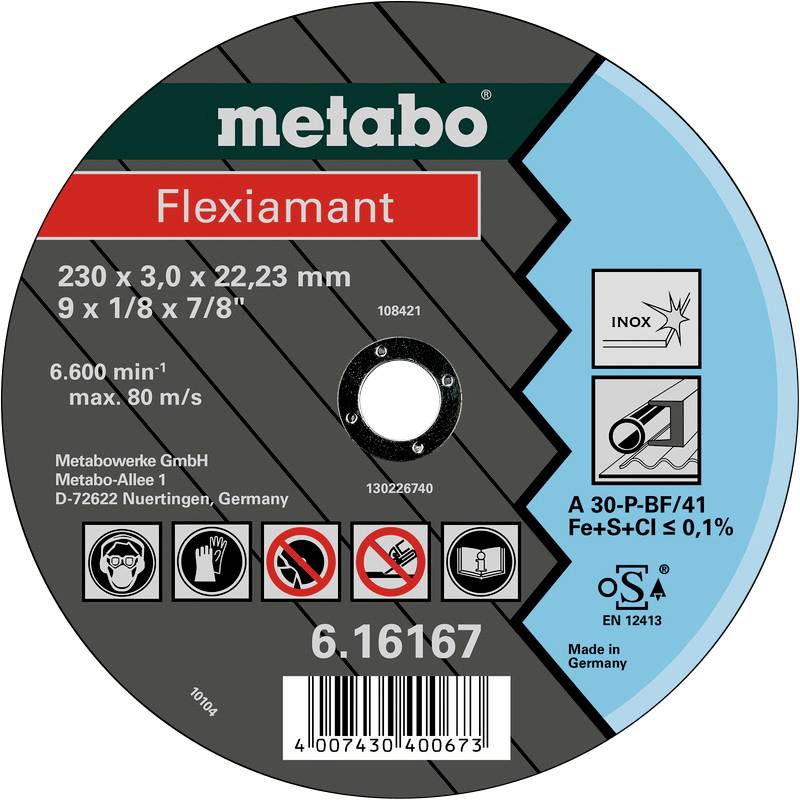 'Metabo Flexiamant' Trennscheibe für INOX mit den Abmessungen 230 x 3,0 x 22,23 mm. Maximale Drehzahl: 6.600 min⁻¹, max. 80 m/s.