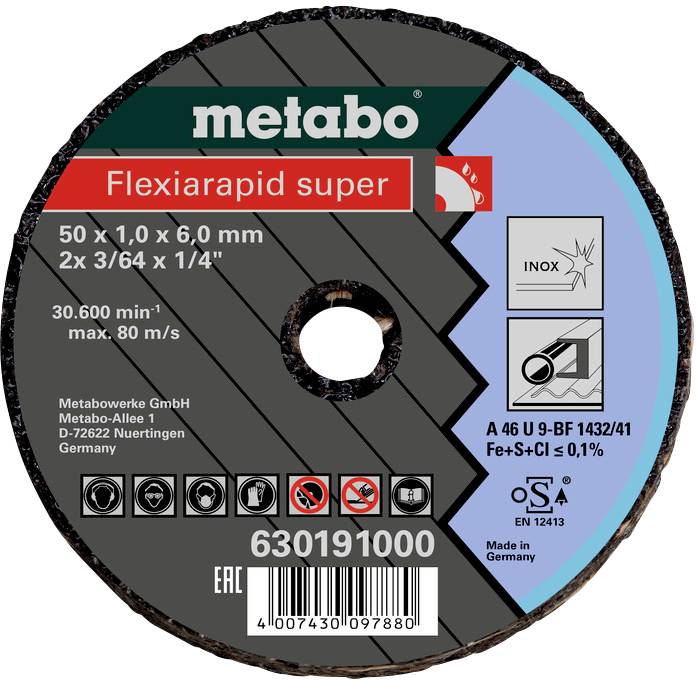 Schleifscheibe von Metabo mit der Aufschrift 'Flexiarapid super', Maße: 50 x 1,0 x 6,0 mm. Geeignet für INOX und Stahl.
