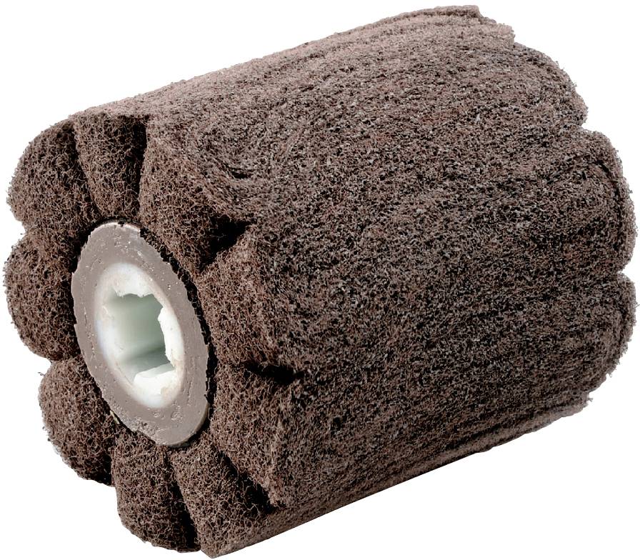 Ein brauner, zylindrischer Schleifaufsatz mit Wellmuster und Kunststoffkern, wahrscheinlich für eine Schleifmaschine geeignet.