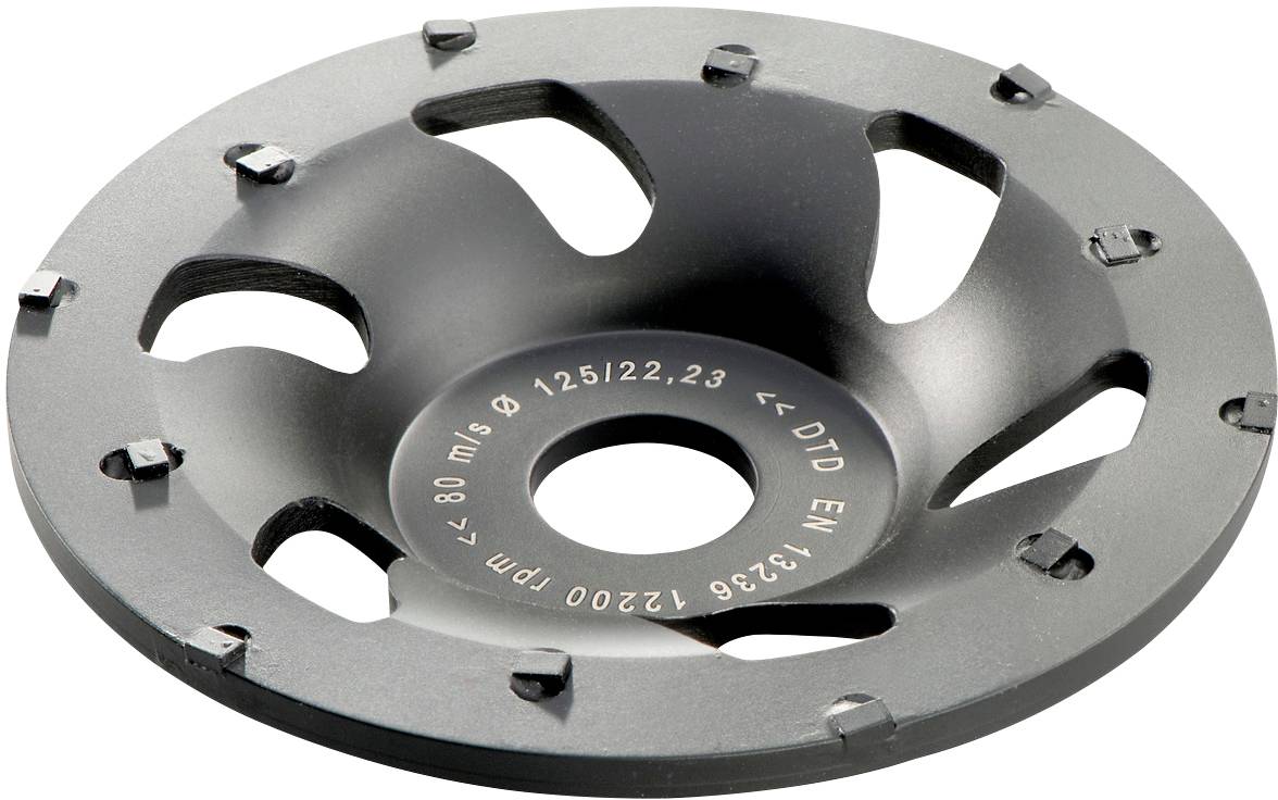 Schwarze Schleifscheibe mit mehreren Schlitzen, geeignet für schwere Schleifarbeiten. Markierungen und Spezifikationen sind aufgedruckt.