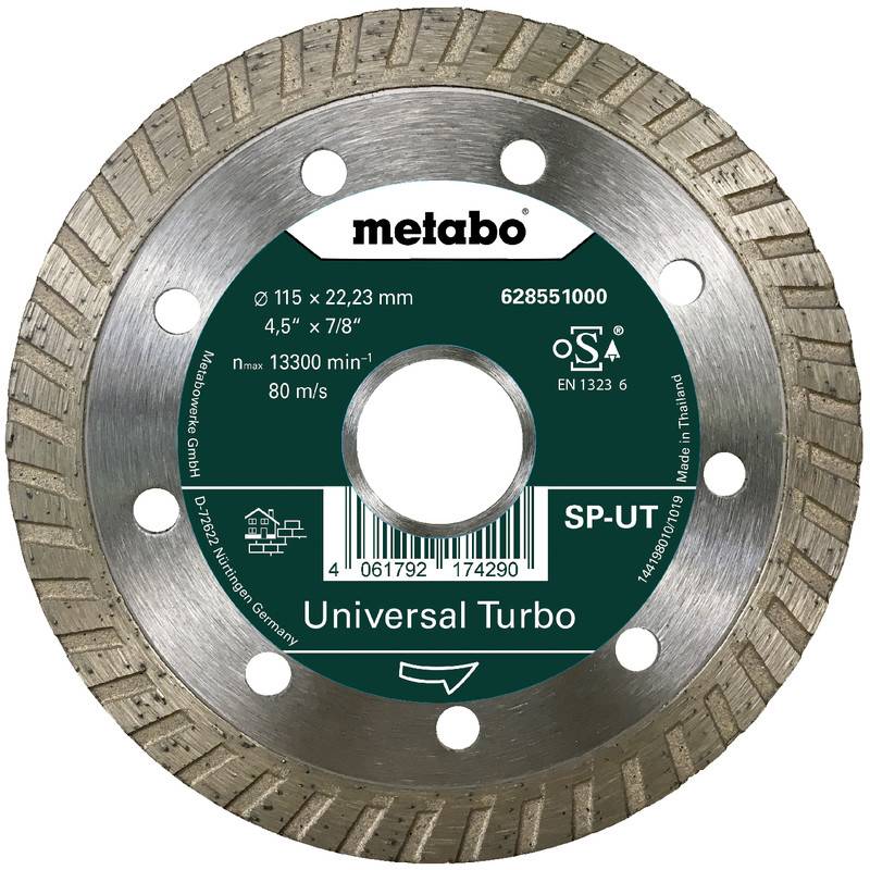 Metabo Universal Turbo Diamant-Trennscheibe mit Bezeichnung 115 mm x 22,23 mm, mit Mittenloch und segmentiertem Rand.