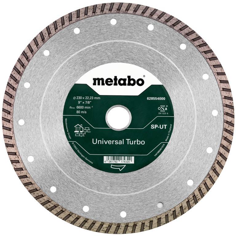 Metabo Universal Turbo Diamanttrennscheibe mit grünem Mitteletikett und segmentierter Metallschneidkante.