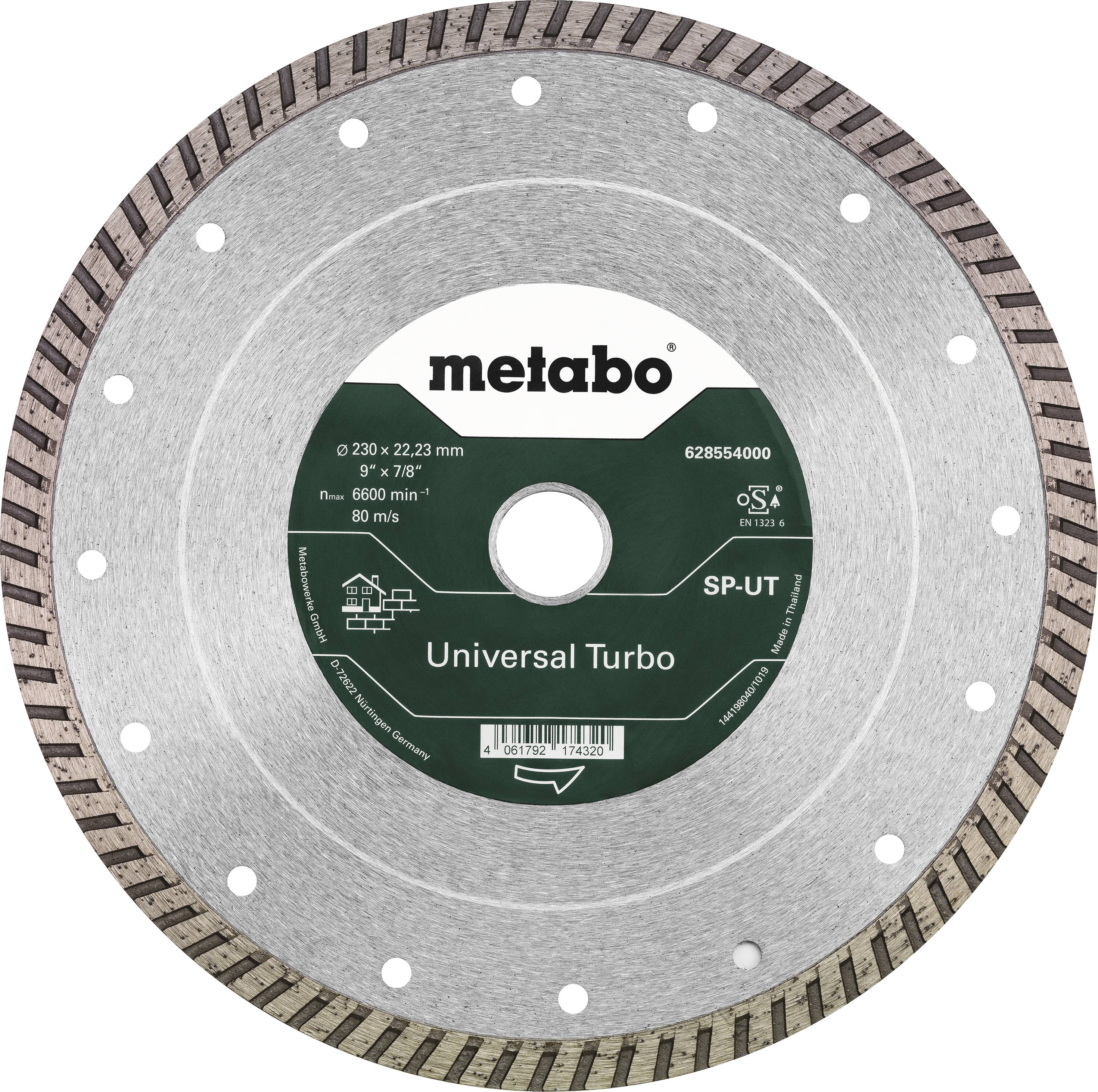 Metallscheibe mit der Aufschrift 'Universal Turbo' von Metabo. Größe: 230 mm Durchmesser. Silberne und grüne Farben, geeignet für Hochgeschwindigkeit.