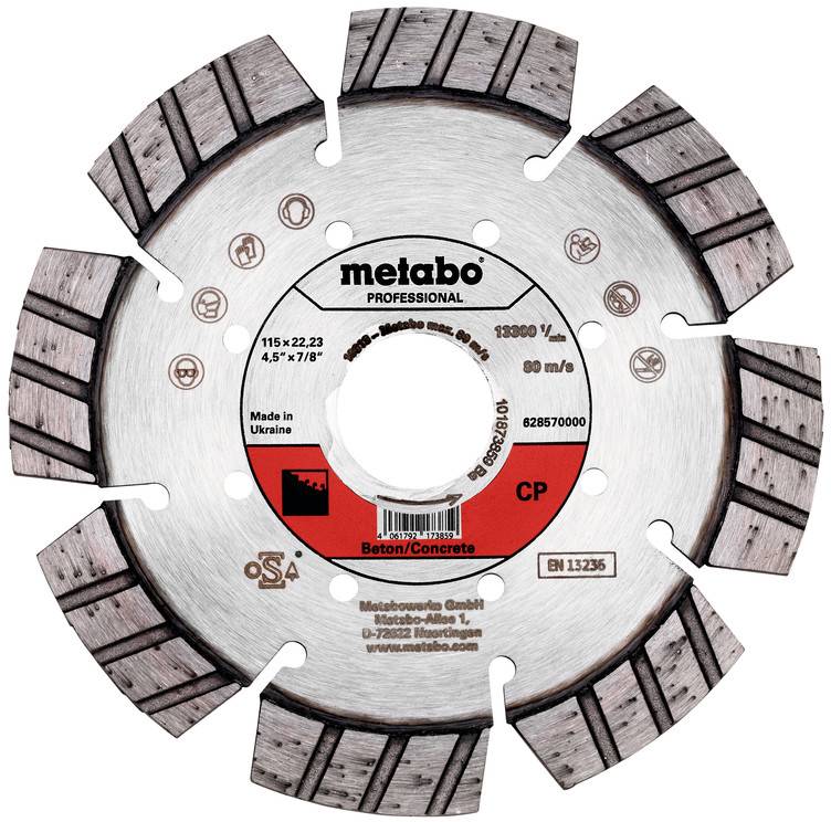 Kreissägeblatt mit Diamantsegmenten von Metabo Professional zum Schneiden von Beton, Bezeichnung 115 x 22,23 mm, Beton/Concrete.