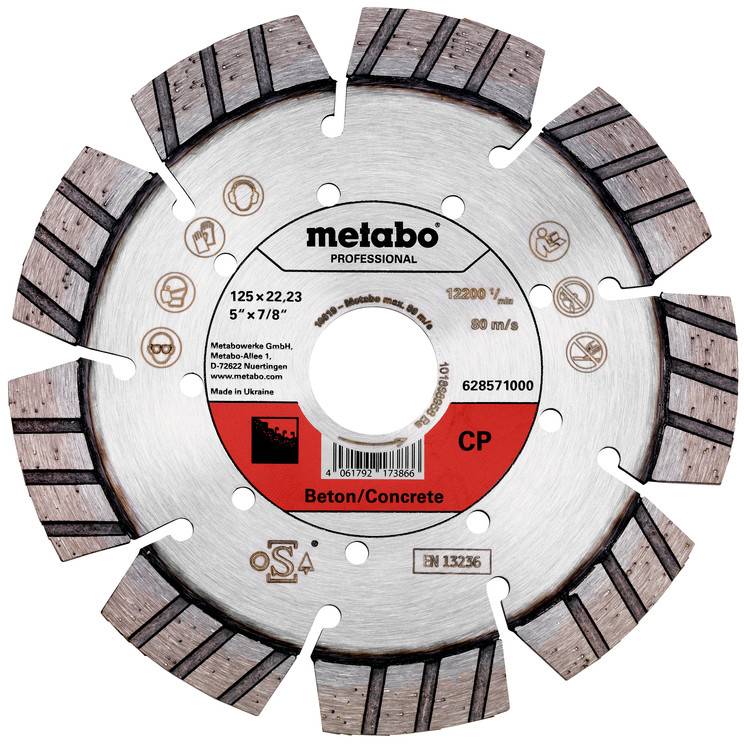 Metabo Professionelle segmentierte Diamant-Sägeblatt für Beton, beschriftet mit 125 x 22,23 mm und „Beton/Concrete