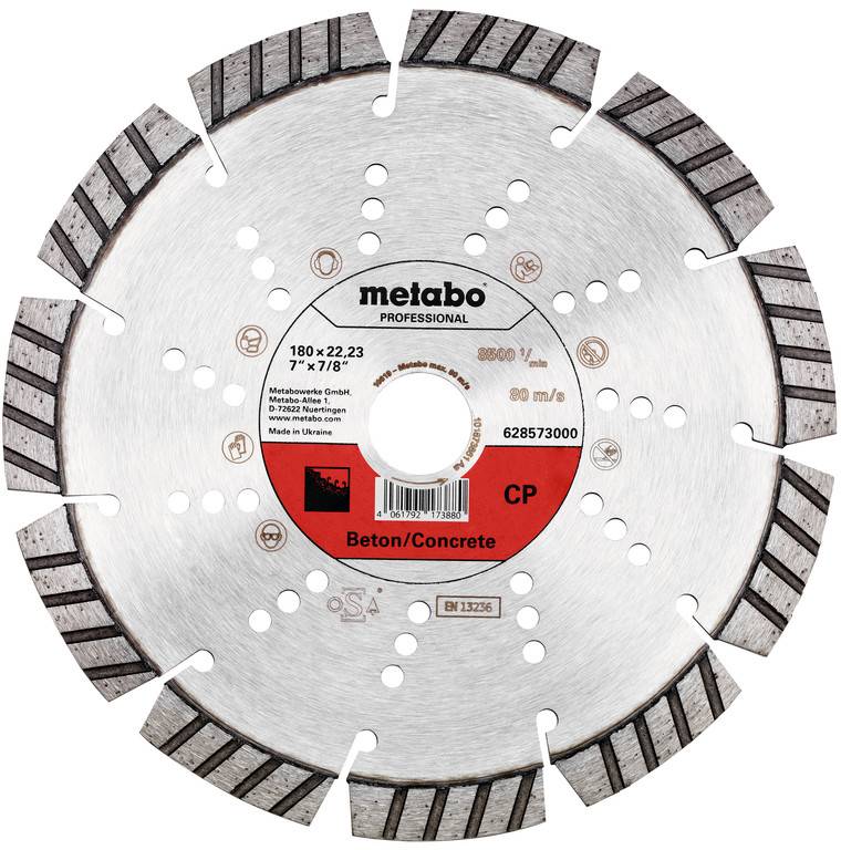 Metabo Profi-Diamanttrennscheibe zum Schneiden von Beton, mit Beschriftung 180 x 22,23 mm, mit segmentierter Schneidkante und zentralem Aufnahmebohrung.