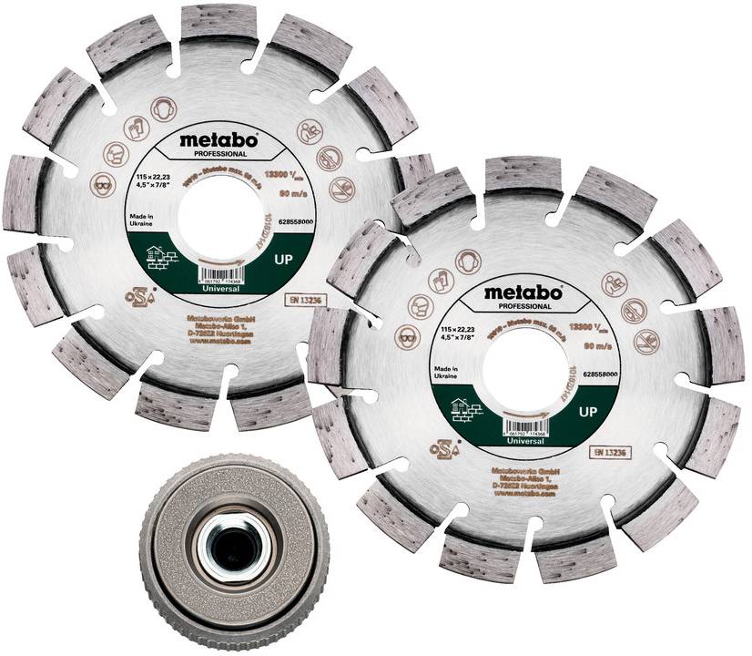 Zwei silberfarbene Metabo Professional Kreissägeblätter mit segmentierten Schneidkanten und einem kleineren Metallrollenlagerbund darunter auf weißem Hintergrund.
