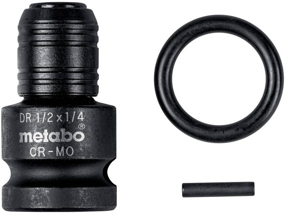 Schwarzer Metall-Schlauchstutzen mit Beschriftung „Metabo