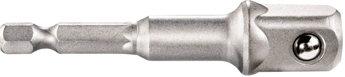 Ein silberner Bohrfutteradapter mit sechskantigem Schaft und Kugelverriegelung. Verwendet für den Anschluss von Werkzeugzubehör.