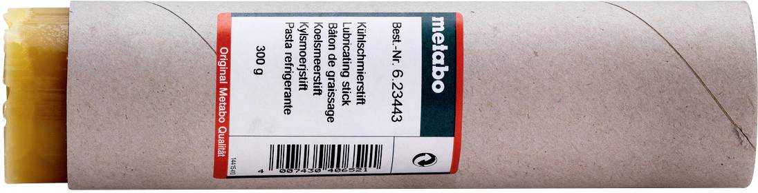 Eine beige-zylindrische Tube mit einem Etikett von Metabo, das Produktspezifikationen wie Modellnummer und Gewicht (300 g) anzeigt.