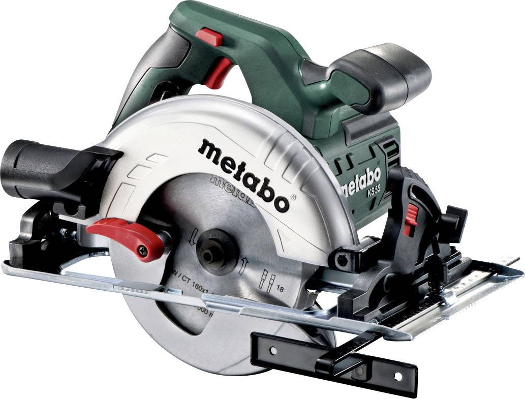 Eine kabellose Metabo Kreissäge mit silberfarbenem Schutzblech und schwarzem Griff, gezeigt auf weißem Hintergrund.