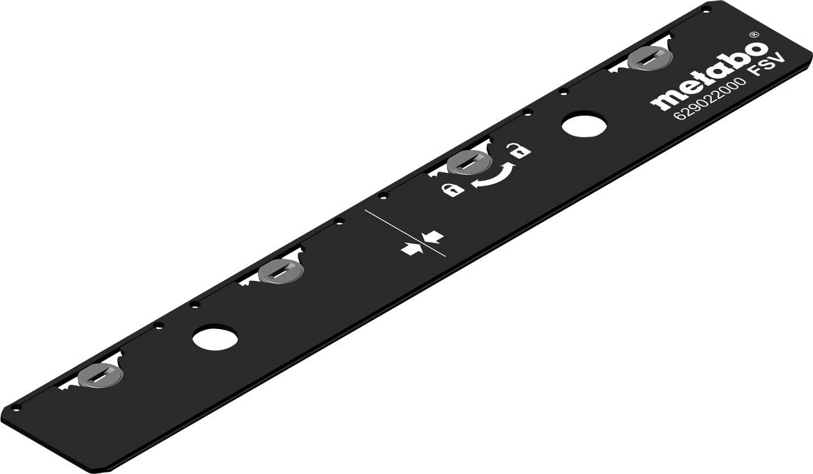 Schwarze Metabo FSV-Führungsschiene-Verbindungsplatte mit Schraubenlöchern und Ausrichtungsmarkierungen, dargestellt auf weißem Hintergrund.