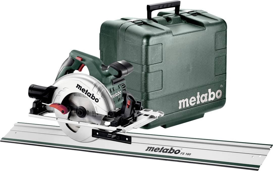 Metabo Handkreissäge mit Führungsschiene und Tragekoffer, dargestellt als Elektrowerkzeugsatz auf weißem Hintergrund.