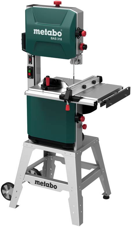 Metabo BAS 318 Bandsäge auf einem Ständer, dargestellt mit Tisch, Schutzvorrichtung und Bedienknöpfen auf weißem Hintergrund.