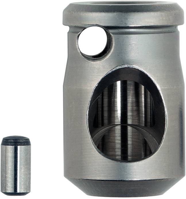 Ein Kolben mit Verbindungsstift neben einem Metallkolbenkörper, der das Zapfenloch und die inneren Schürzenverstärkungen zeigt.