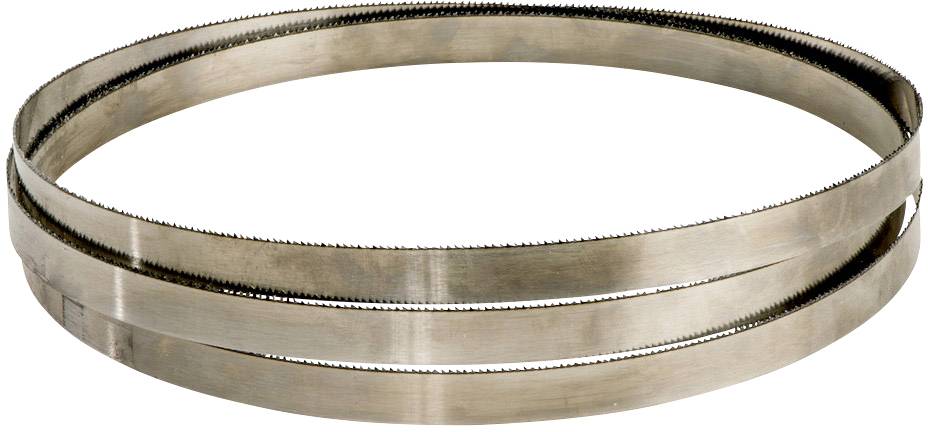 Metallisches Bandsägeblatt mit feinen Zähnen in einer kreisförmigen Schleife. Verwendet zum Schneiden von Holz oder Metall.