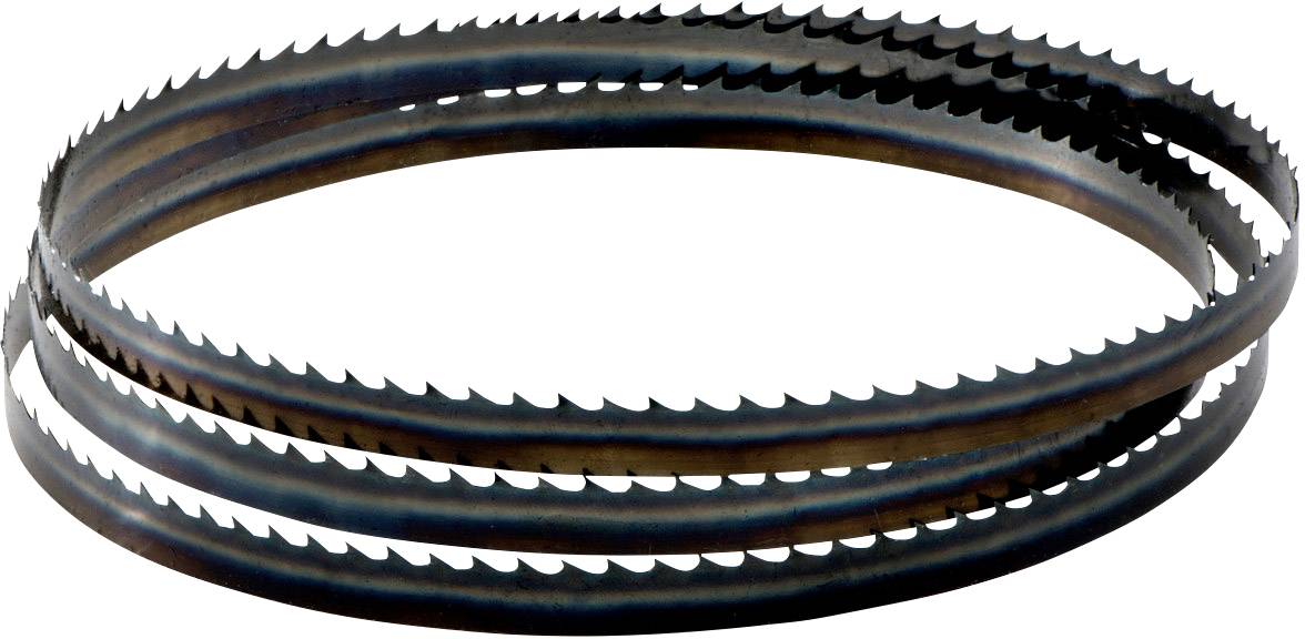 Ein Metallbandsägeblatt mit gezackten Kanten, zusammengerollt zu einem Ring. Geeignet für das Schneiden von Holz oder Metall.